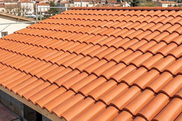 Alignement parfait de tuiles terre cuite neuves