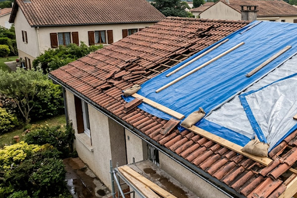 Bâchage lourd professionnel sur un toit endommagé suite à une tempête